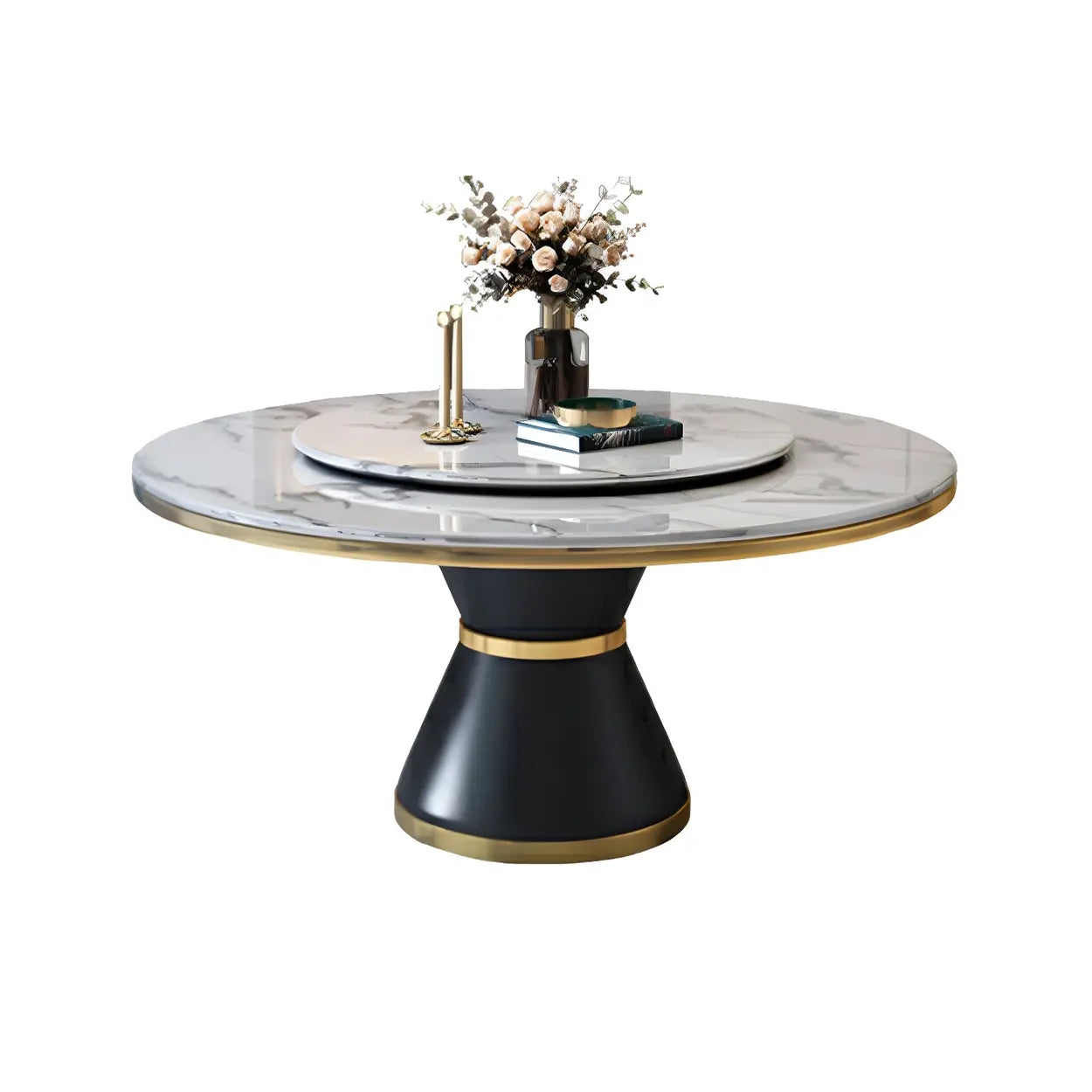 Ronde Marmeren Eettafel met Lazy Susan Draaischijf en Zwart Stalen Onderstel – Luxe Design Dining Tafel Wit 180 cm | Restfield